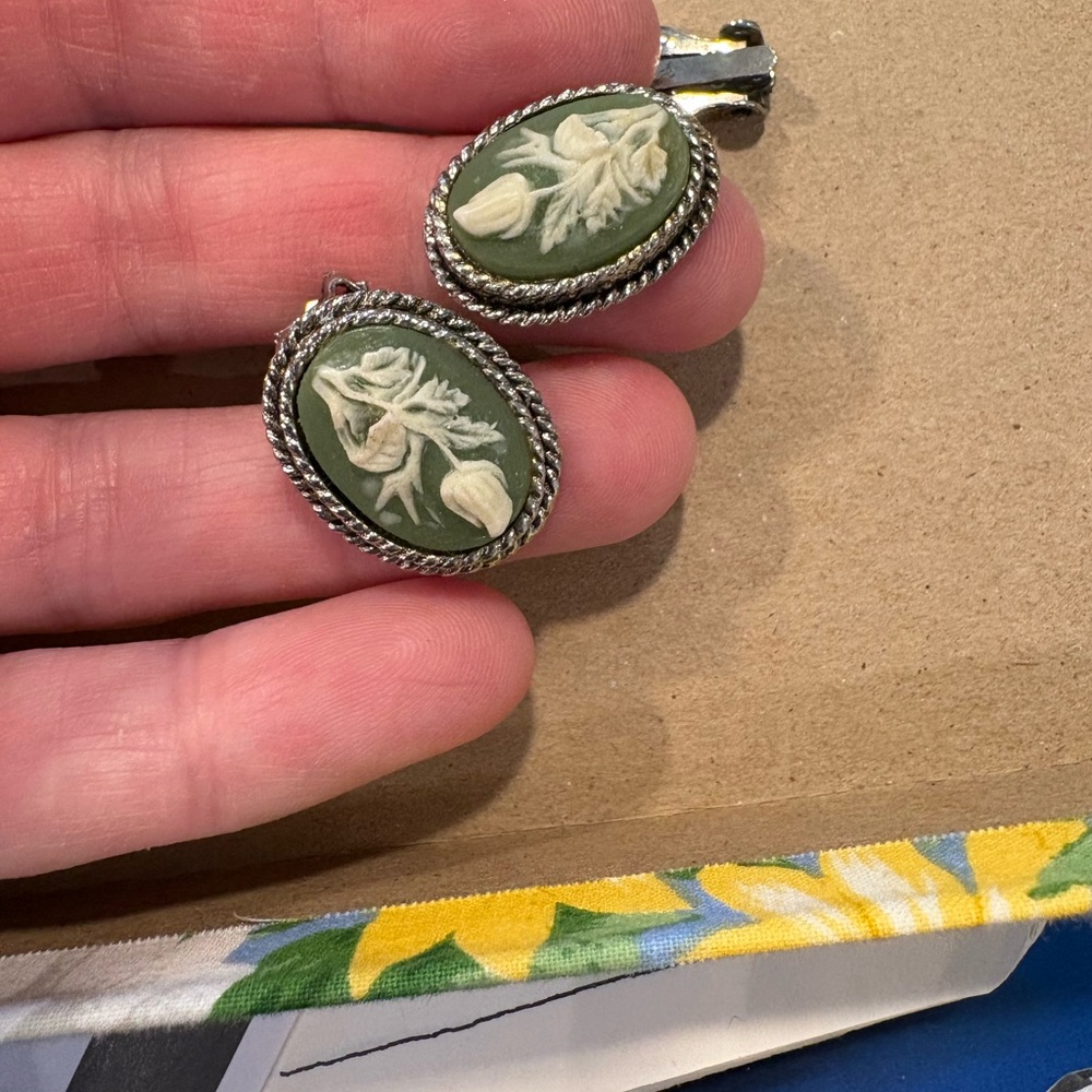 Vintage Green and Cream Cameo Earrings